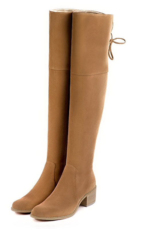 Camel beige women's leather thigh-high boots. Round toe. Low leather soles. Made to measure - Florence KOOIJMAN